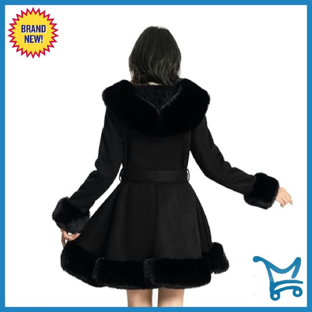 Faux Fur Leather Peplum Parka Coat with Belt, Winter Women's Jacket - Picture 4 of 7